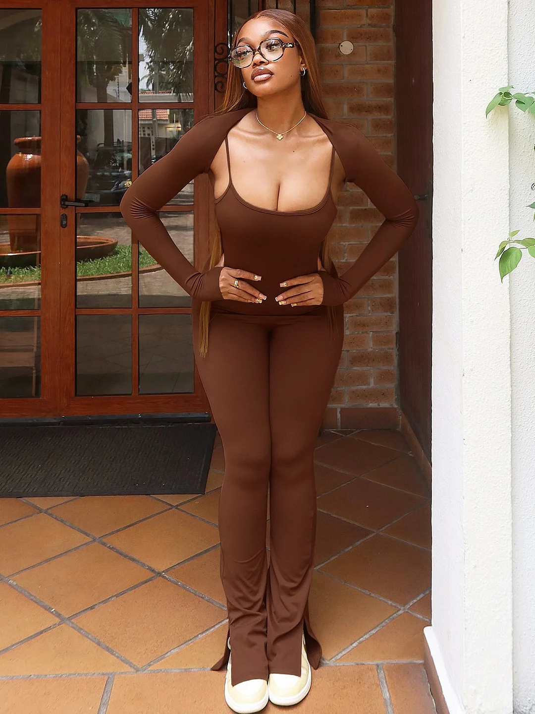 Uveng Uveng Women's Fall New Solid Color Simple Long Sleeve Shawl Jumpsuit Fashion Slim Suit