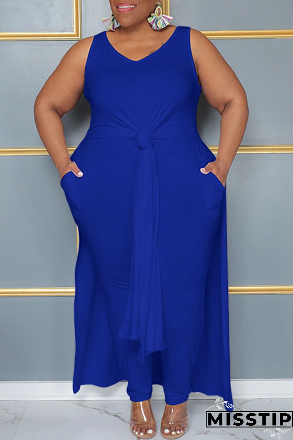 Blue Casual Solid Patchwork Slit V Neck Plus Size Two Pieces