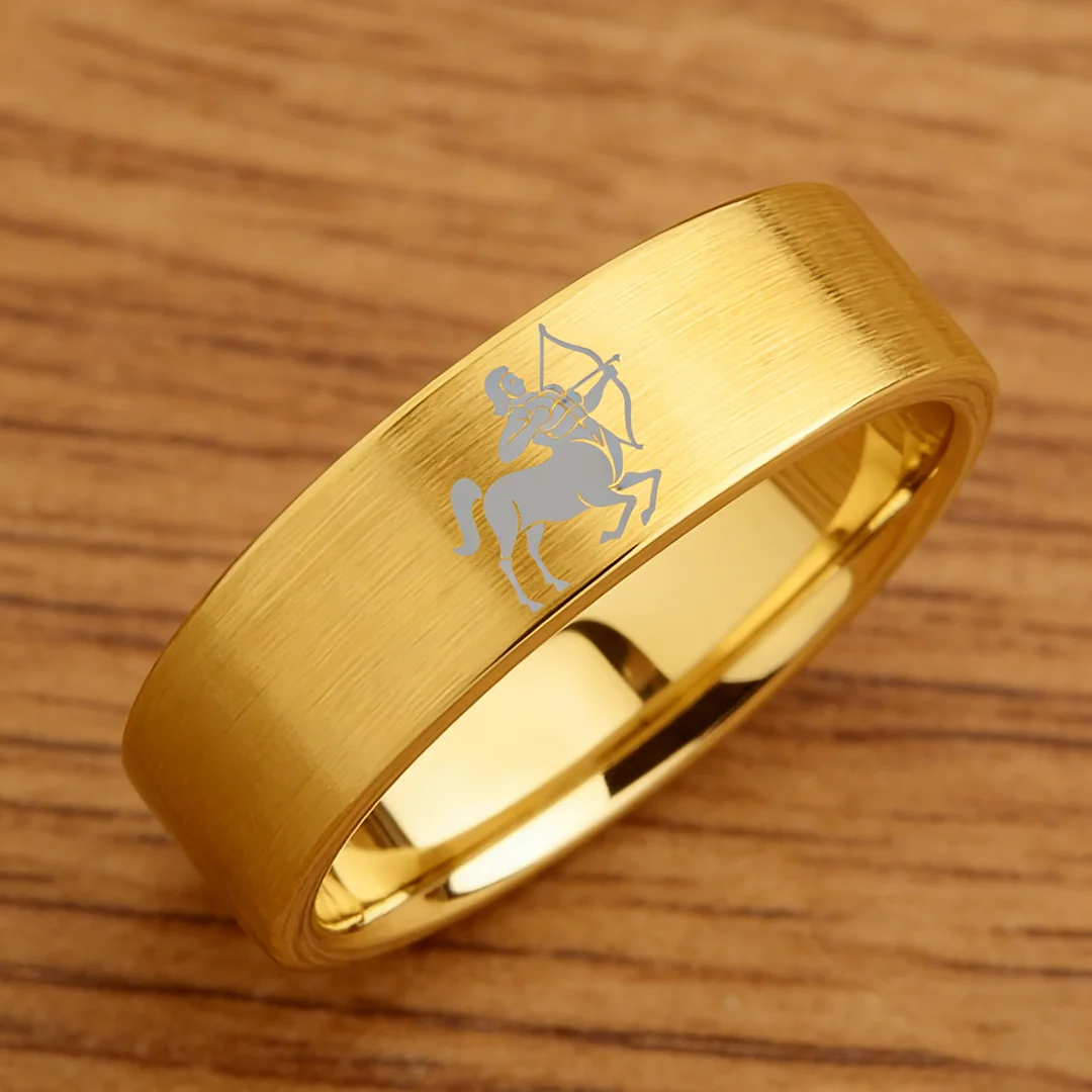 Gold Tungsten Carbide Rings Flat Sagittarius Wedding Band Flat Top Comfort Fit 4MM 6MM 8MM Width