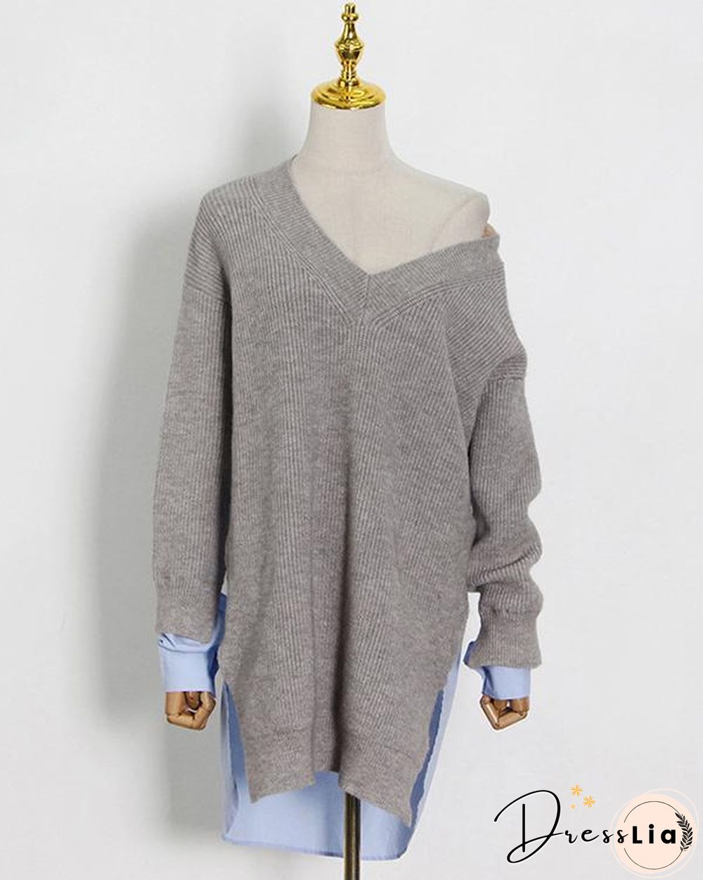 Women Minimalism Knitting V-neck Shirt Patchwork Sweater Shirt