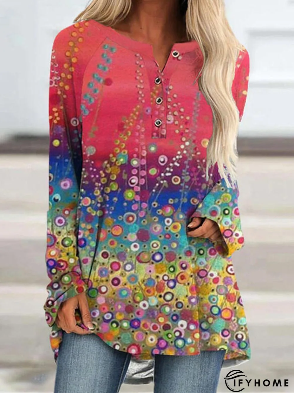 Multicolor Floral Printed Long Sleeve Casual Tunic T-Shirt | IFYHOME