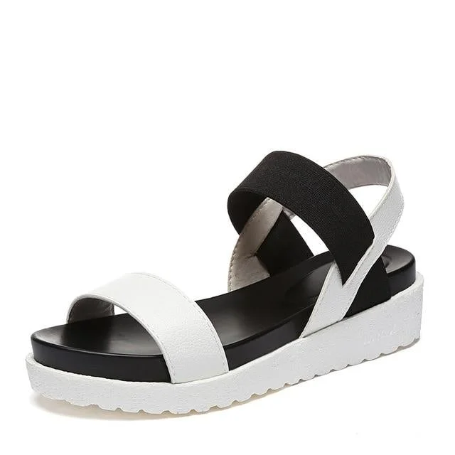 Women Slip On Elastic Band Peep Toe Sandals Platform Flat Roman Comfortable Sandals