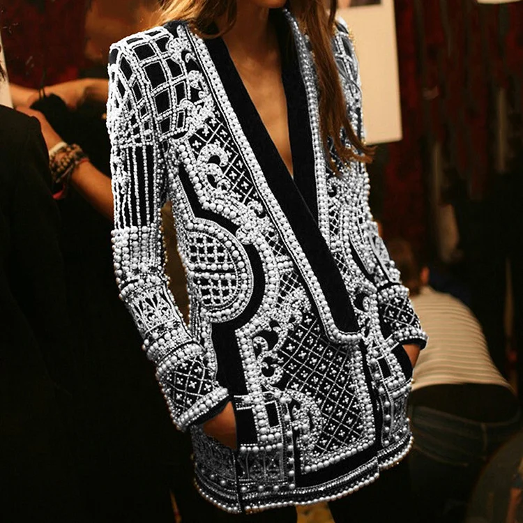 Women's Pearl Blazer Shirt Jacket Sexy V-Neck Long Sleeve Jacket