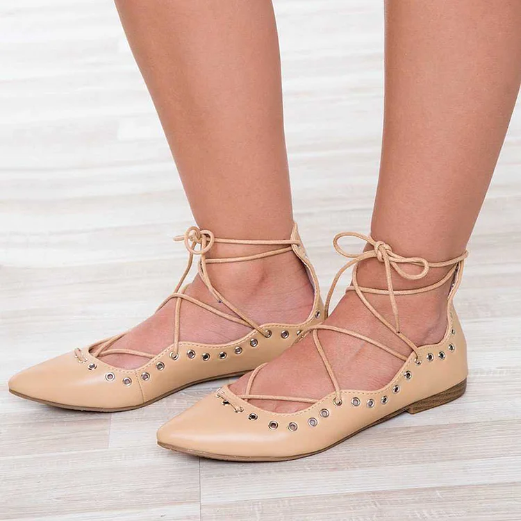 Nude Pointy Toe Flat Shoes Women's Classic Lace Up Wrapped Pump Vintage Casual Flats |FSJ Shoes