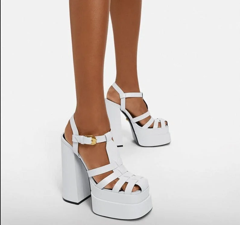  Women Sandals High Heels Open Toe Double Platorm Chunky Heeled Hollow Bucle Big Size Party Shoes Women Pumps Big Size