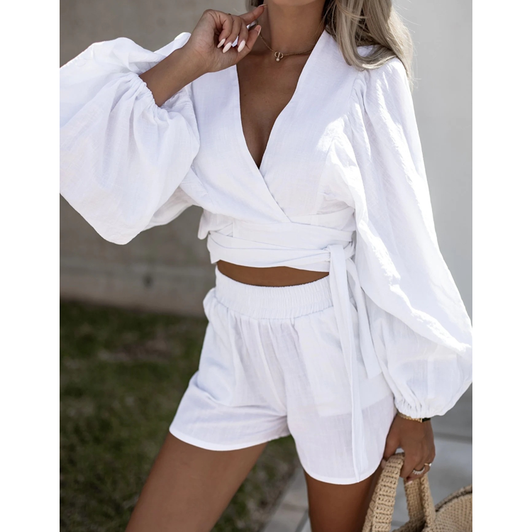 V Neck Lace Up Solid Color Shorts Two Piece Set