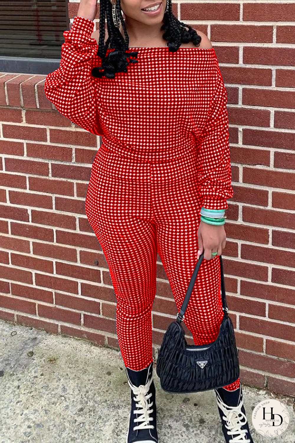 Red Casual Plaid Split Joint Off the Shoulder Long Sleeve Two Pieces