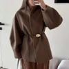 Women's Winter High-End Elegant Design Brown Waist-Cinching Woollen Coat