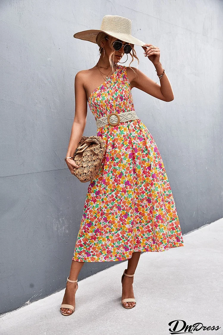 Floral Smocked One-Shoulder Midi Dress