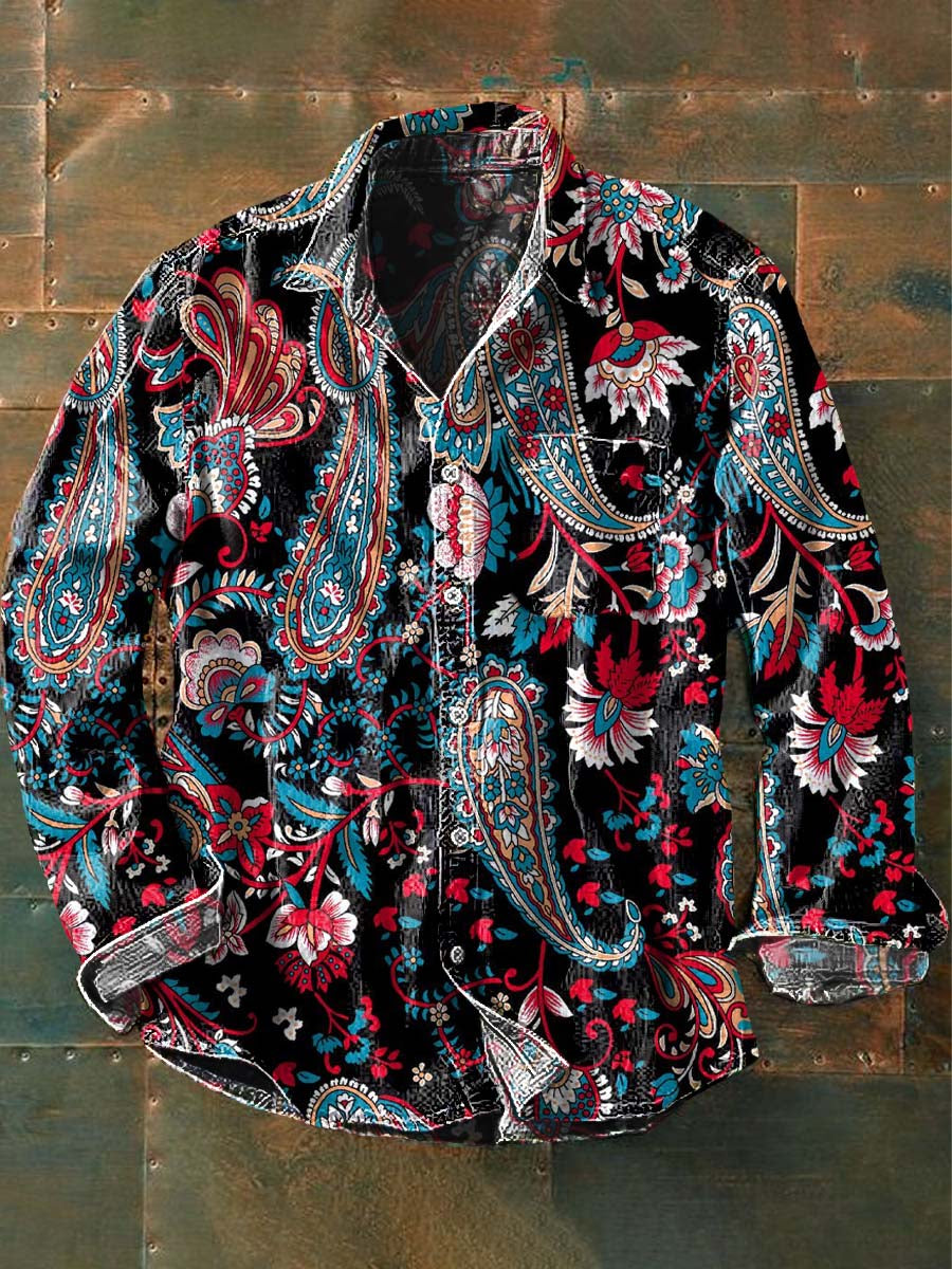 Men's Vintage Cashew Flower Pattern Printed Casual Lapel Long Sleeve Shirt