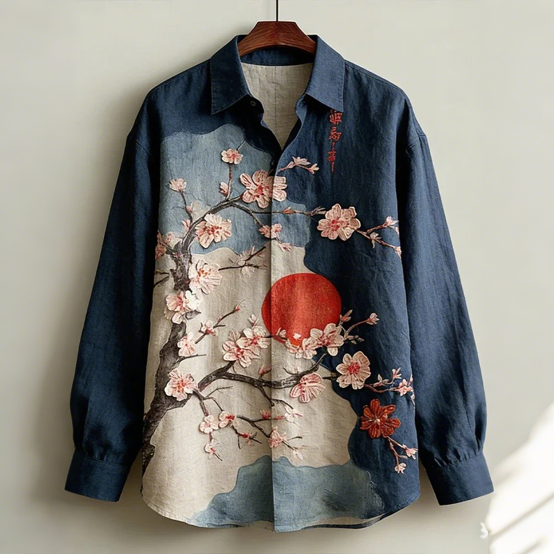 Men's Retro Japanese Cherry Blossom Art Print Long-sleeved Shirt  artssus
