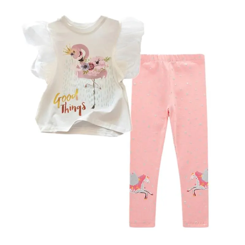 Two Pieces Kids Children Girls Clothes Set Little Girl Summer Cartoon Print T Shirt and Pants Leggings Outfits Clothing 2pcs