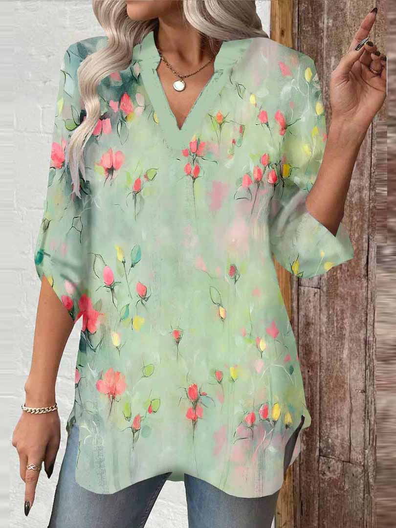 Women Floral, Green DZGA0339 3/4 Sleeve V-neck Printed Graphic Button Tops
