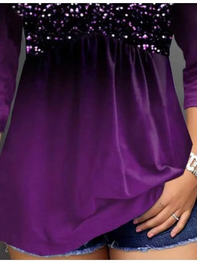Brownm Casual Patchwork Sequin Long-sleeved T-shirt Blouses