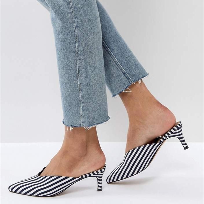 Black and White Stripe Pointy Toe Kitten Heel Mules for Women Nicepairs