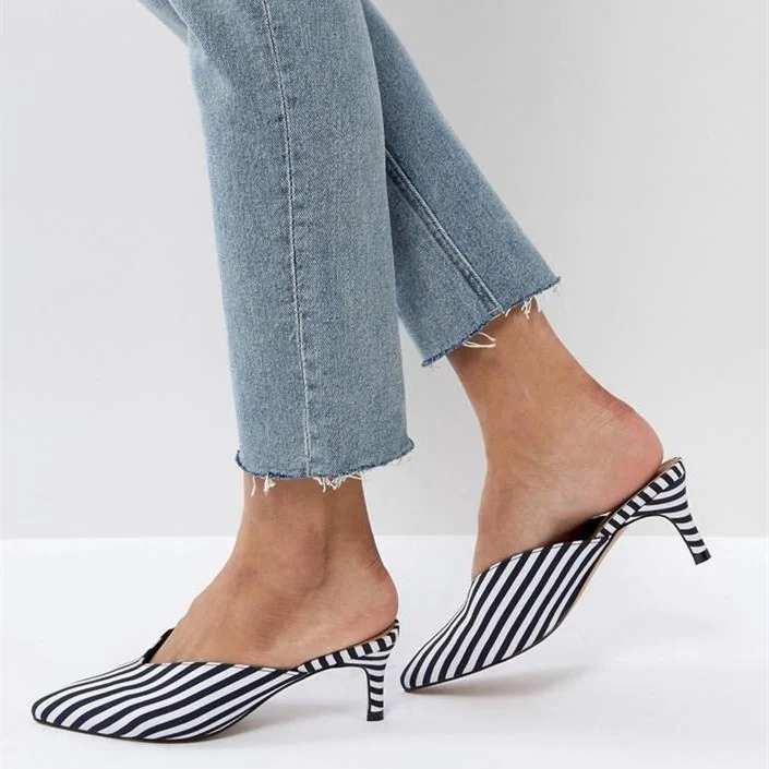 Black and White Stripe Kitten Heel Mules Vdcoo