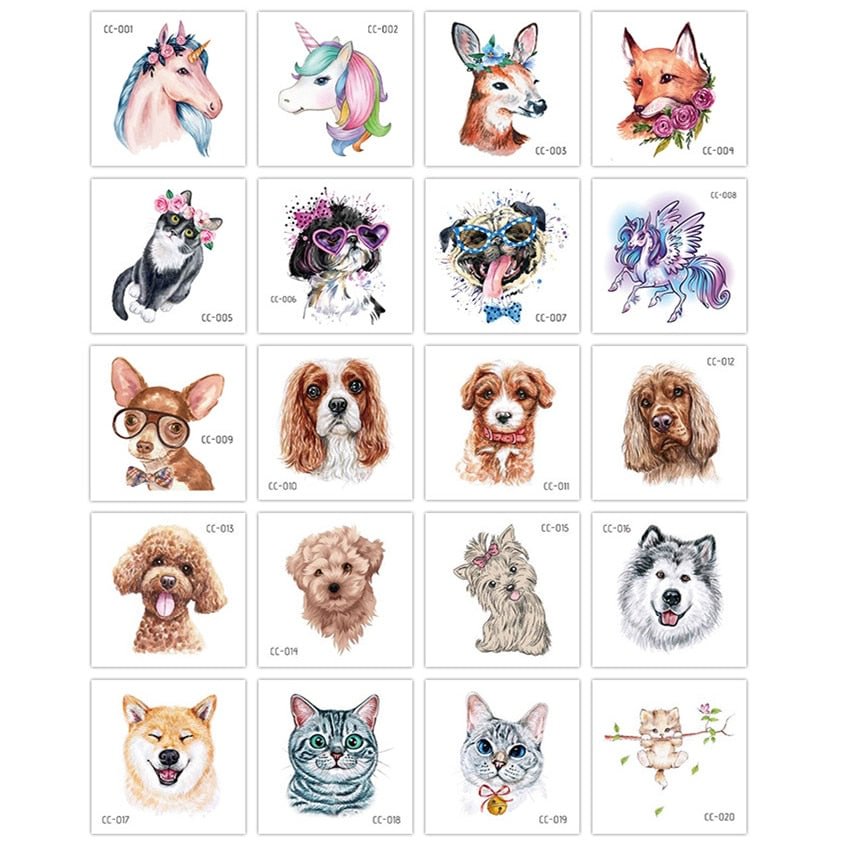 20Pcs/Set No Repeat Cute Pets Waterproof Temporary Tattoo Stickers Body Art Disposable Cover Imperfections tatouage temporaire