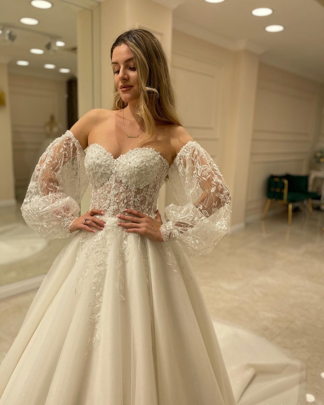 Miabel Glamorous Backless Sweetheart Long Sleeve Train Wedding Dress With Appliques Lace A-Line
