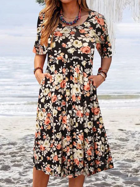 Crew Neck Floral Vacation Short Sleeve Woven Dress