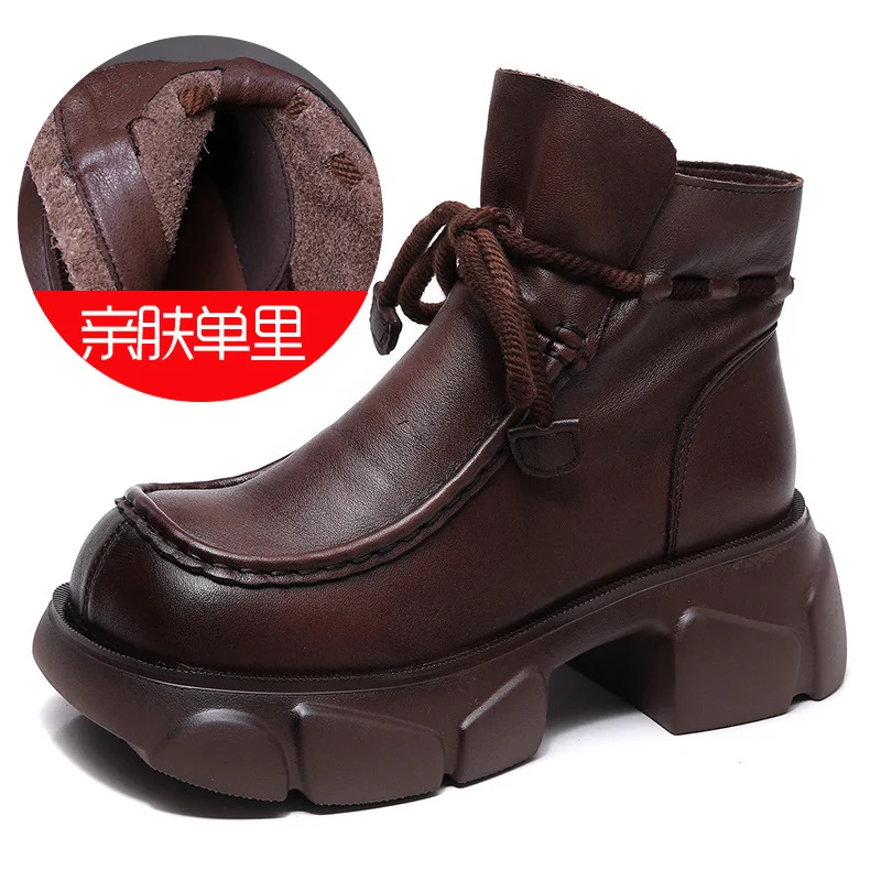 Yyvonne Head-Level Kraft Handmade Pine Cake Boots Women Autumn And Winter New Naked Boots Thick And Square Head Martin Boots