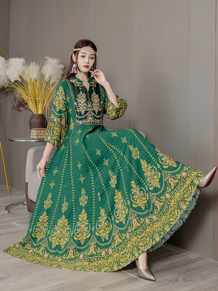 Embroidered V-Neck Long Dress - Middle Eastern Style, Woven Polyester, Adult, All-Season, Straight Fit