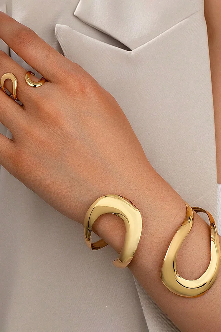 Fashion Gold Irregular Twist Open Ring Bracelet Jewelry Set 2024 - Xpluswear