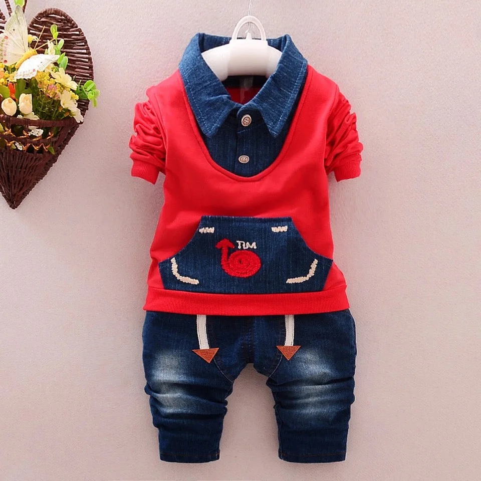 Baby Boy Outfit Red Grey Jacket Denim Pants