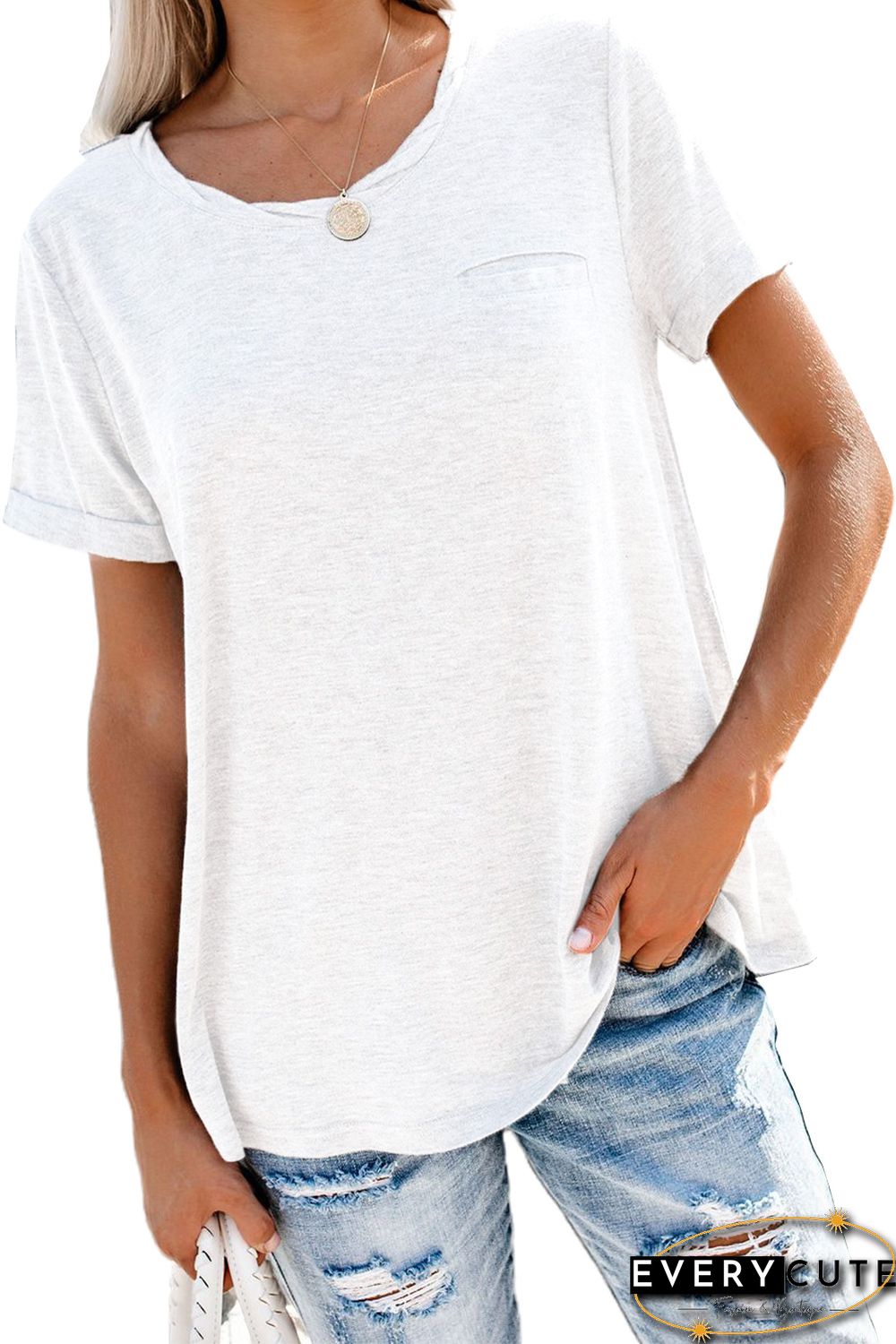 White Solid Color Rolled Short Sleeve T Shirt