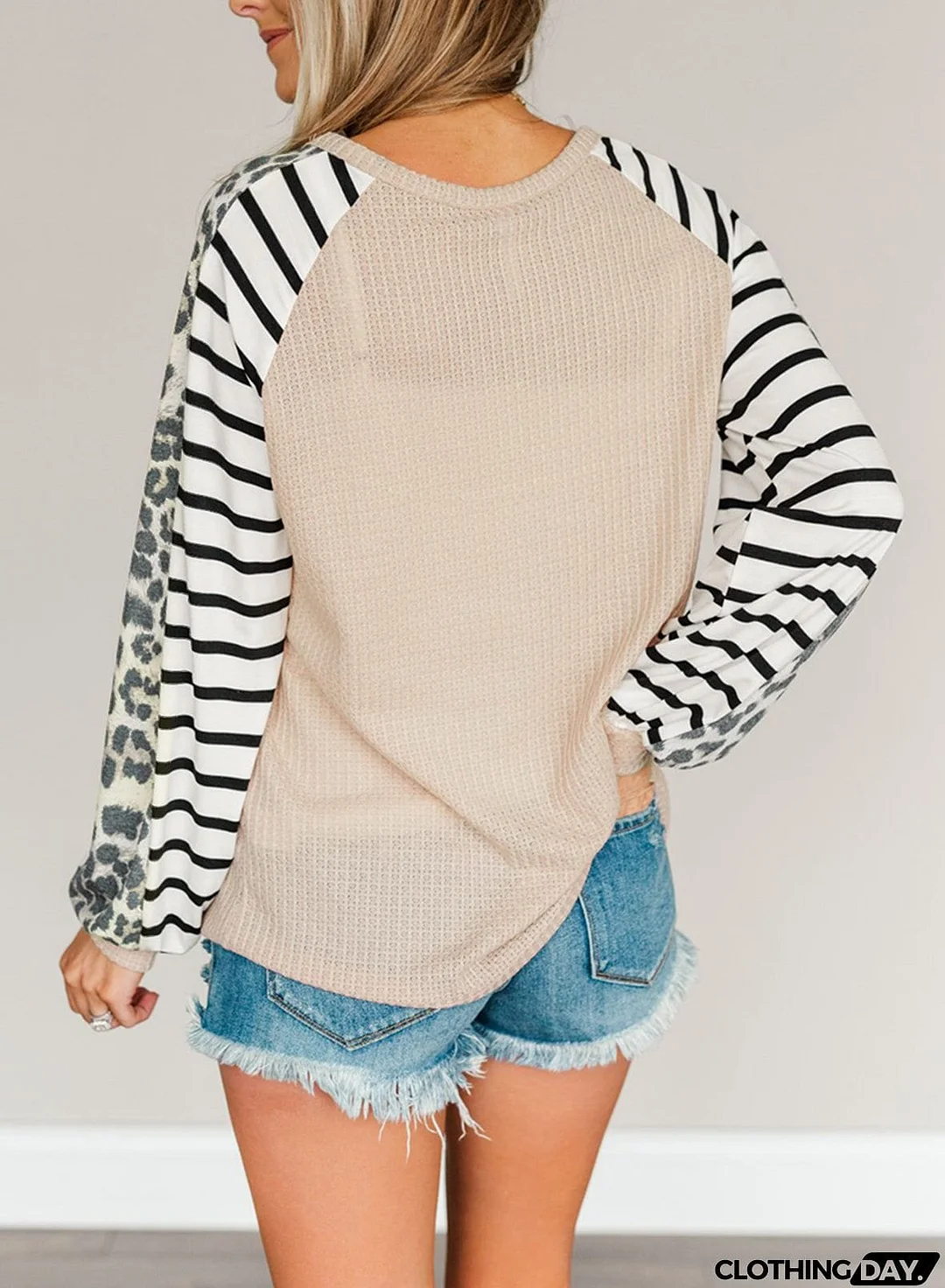 Animal Striped Sleeve Patchwork Waffle Knit Top