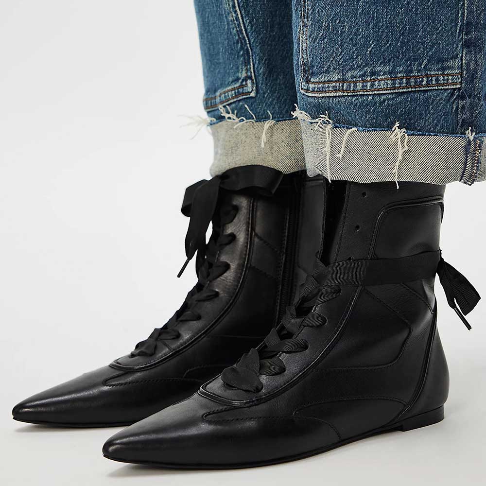 Black Pointed Toe Lace-Up Flat Ankle Boots for Women with Side Zipper Nicepairs