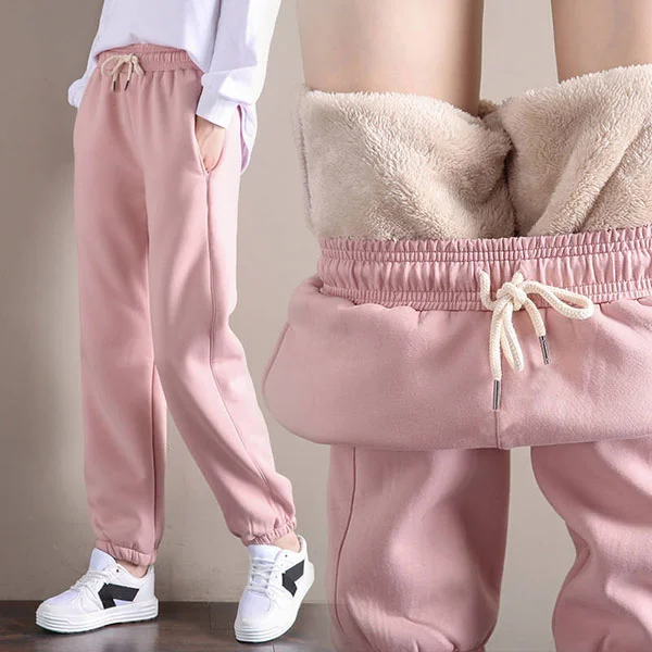 Women Warm Fleece Cotton Round Neck Solid Joggers Sweatpants 