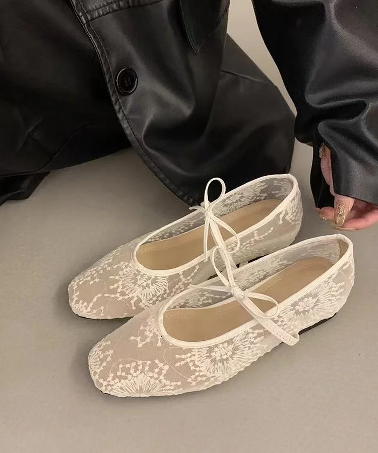Women Beige Breathable Mesh Embroidered Flats Splicing Bow