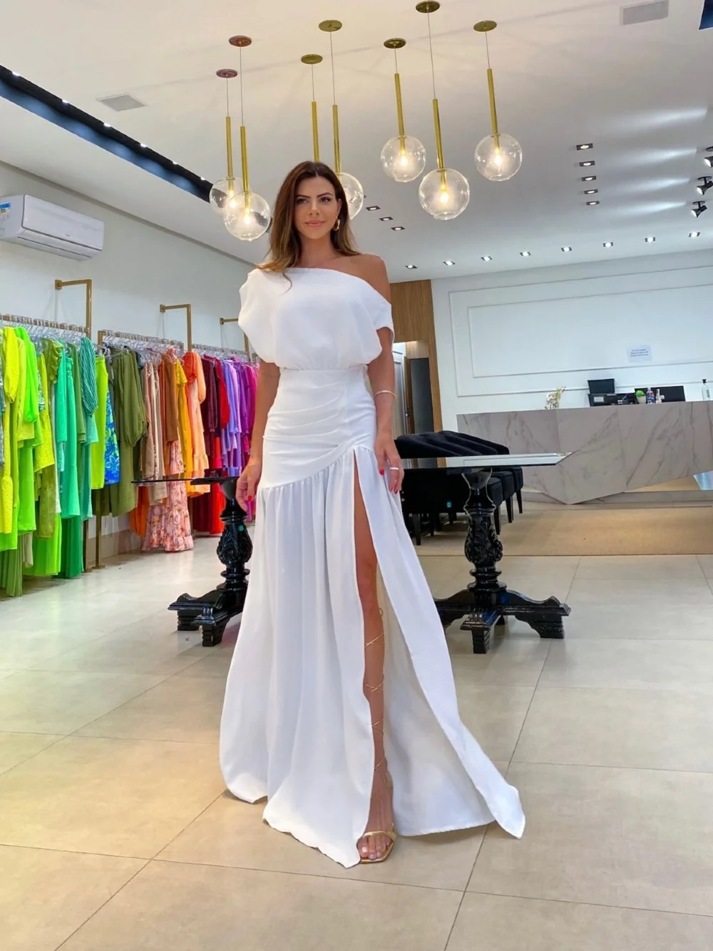 Mongw Mongw Summer Women's Fashion Sexy Diagonal Collar Waist Slits Mop The Floor Holiday Wind Solid Color Dress