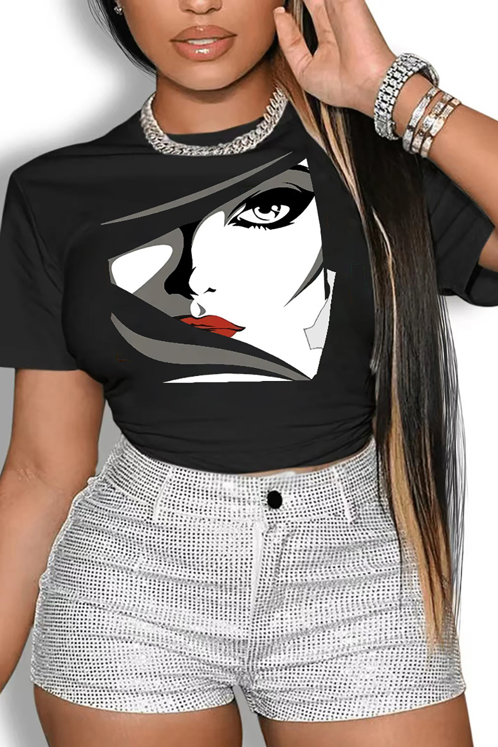 Plus Size Casual T-Shirt Black Portrait Spring Summer Round Neck Short Sleeve T-Shirt