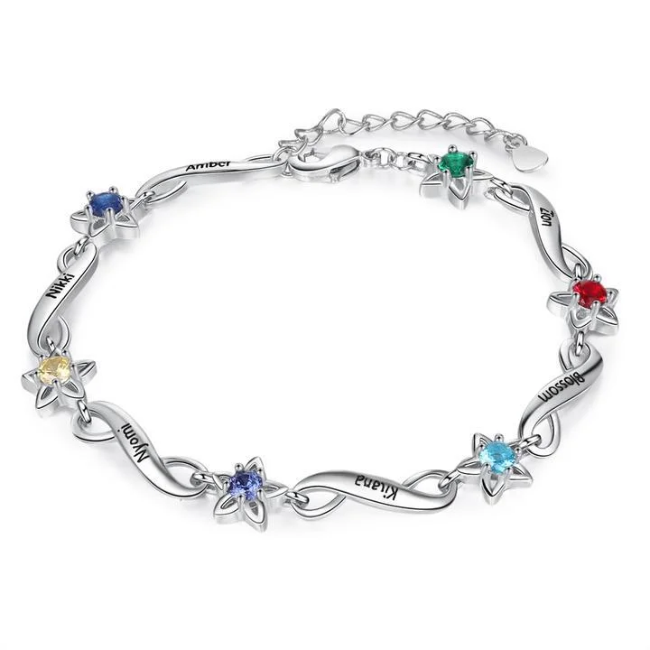 Personalized Infinity Bracelet Engraved with 6 Birthstone and 6 Name