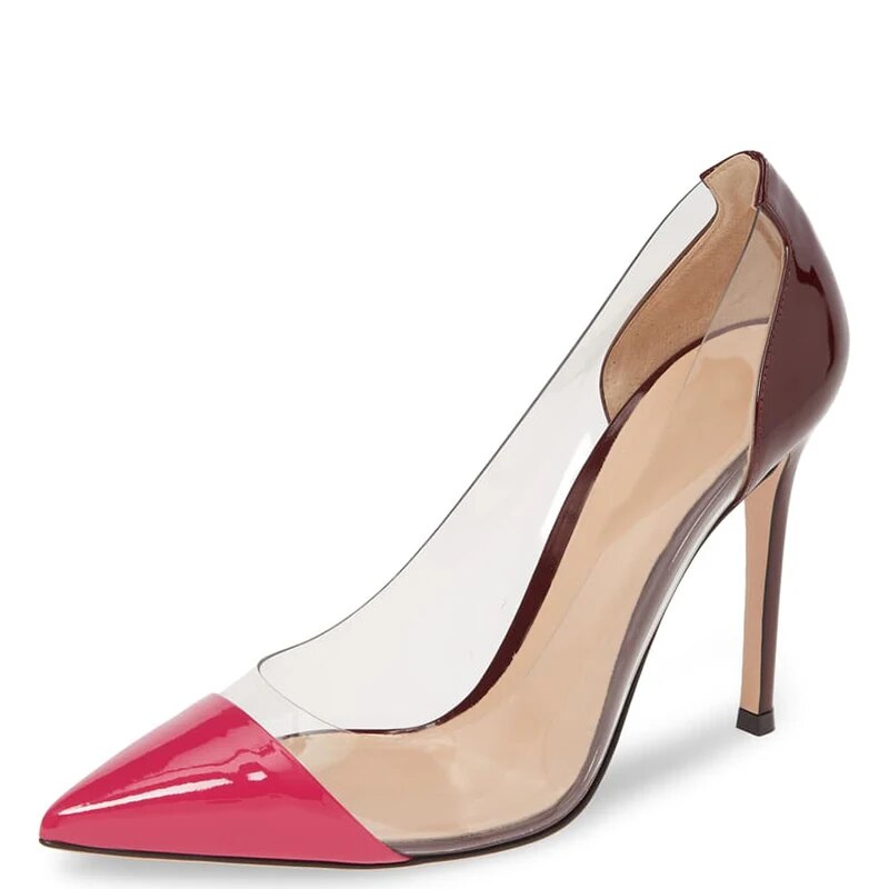 TAAFO Patchwork PVC Cap Pointed Toe High Thin Heels Pumps Woman Clear Party Shoes For Ladies