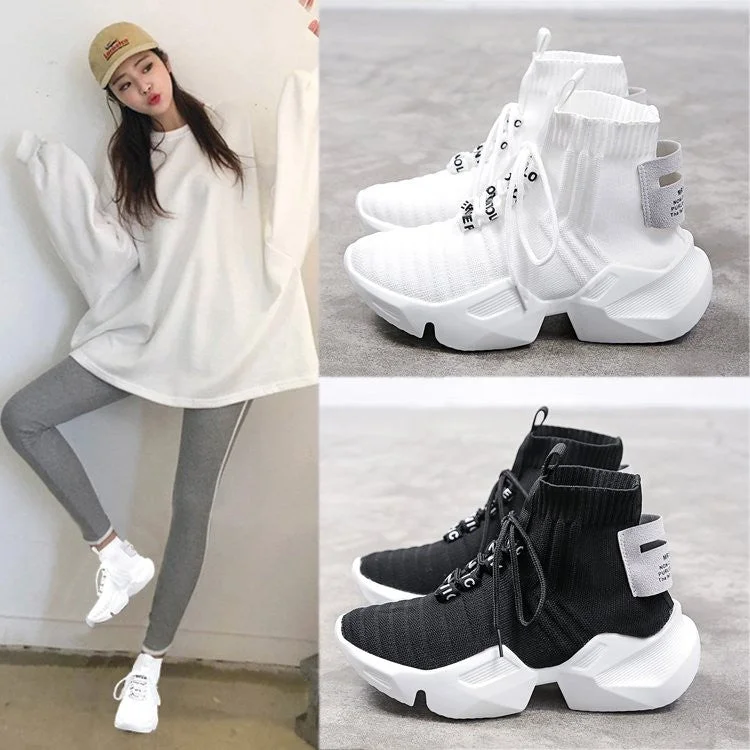 2021 Autumn New High-top Platform Sneakers Women Knitted Casual Shoes Woman Sneakers Chunky Tenis Feminino Womens Shoes Size 41