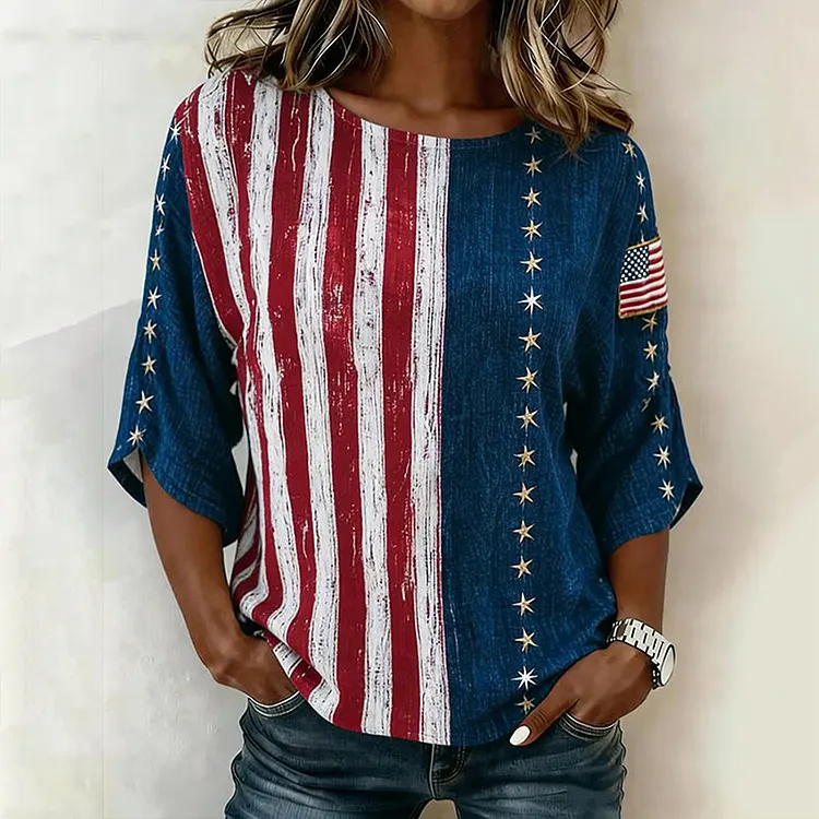 Women's Vintage Flag Patchwork Art Print Tops