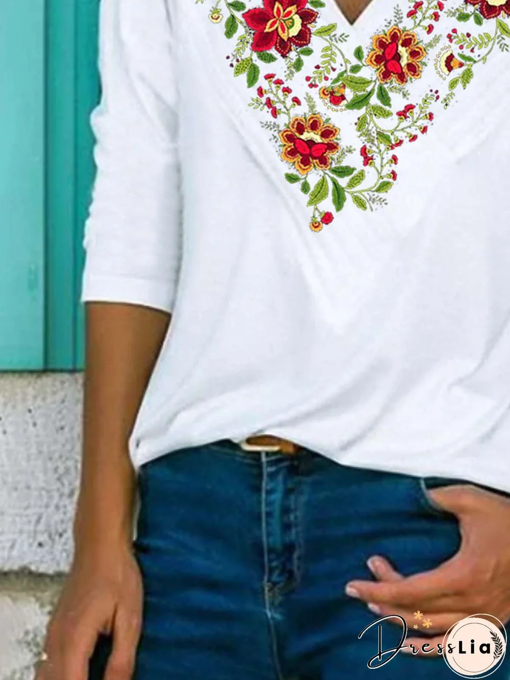 Floral Half Sleeve Printed Cotton-blend V neck Vintage Summer White Top