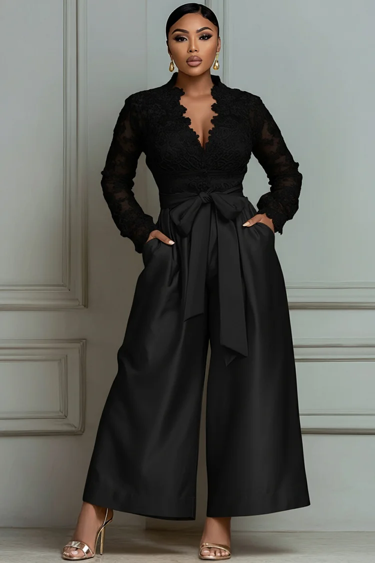 Xpluswear Design Plus Size Cocktail Party Lace Gold V Neck Long Sleeve Pocket Elegant Wrap Satin Jumpsuits 2024 - Xpluswear