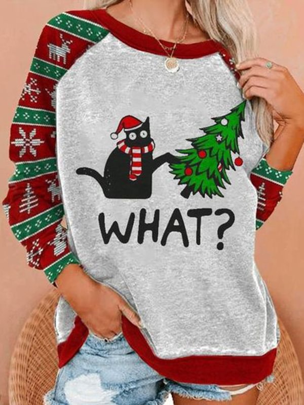 Christmas Black Funny Cat Printed Women's Sweatshirt