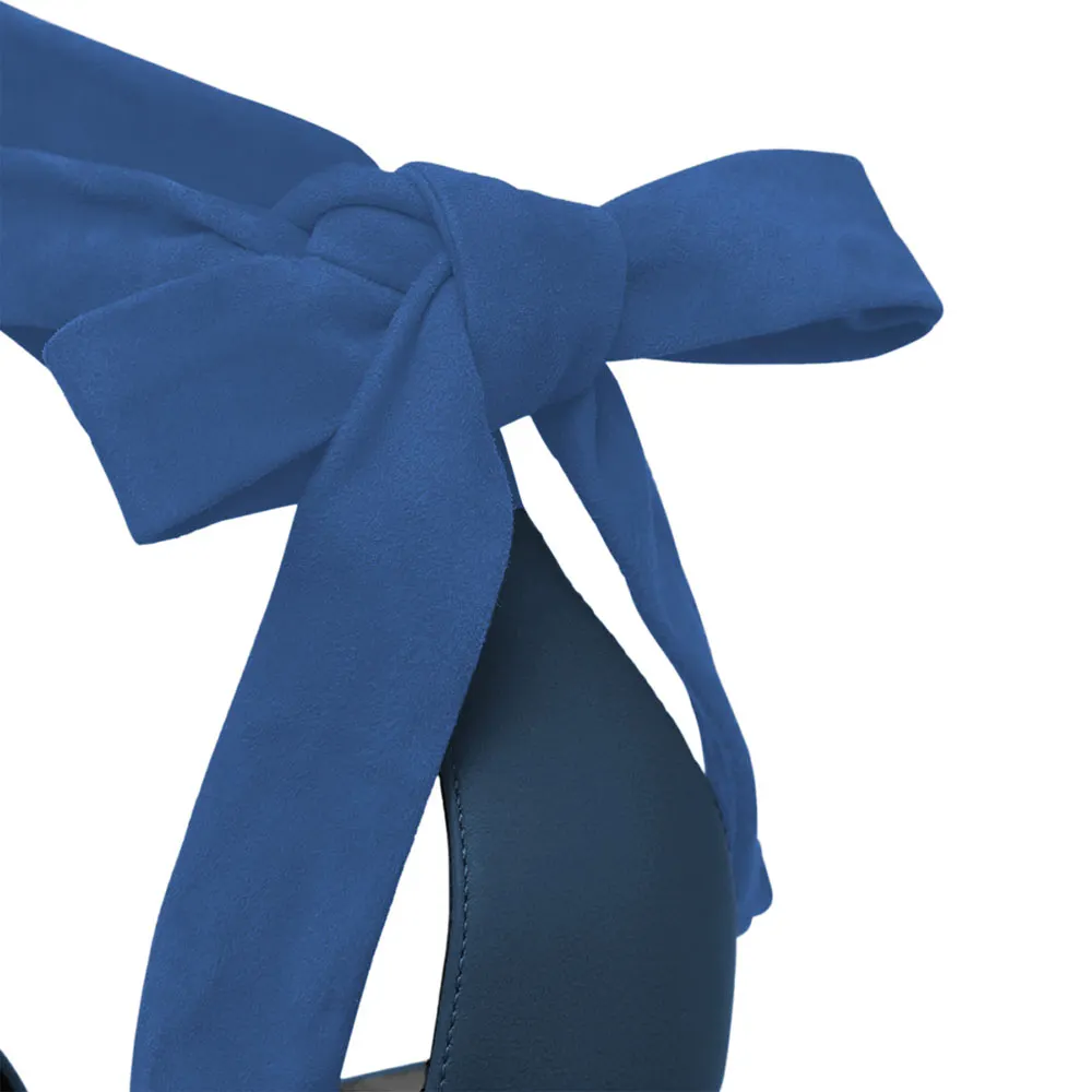 YDN Elegant Blue Open Round Toe Lace-Up Strap Heels Sandals