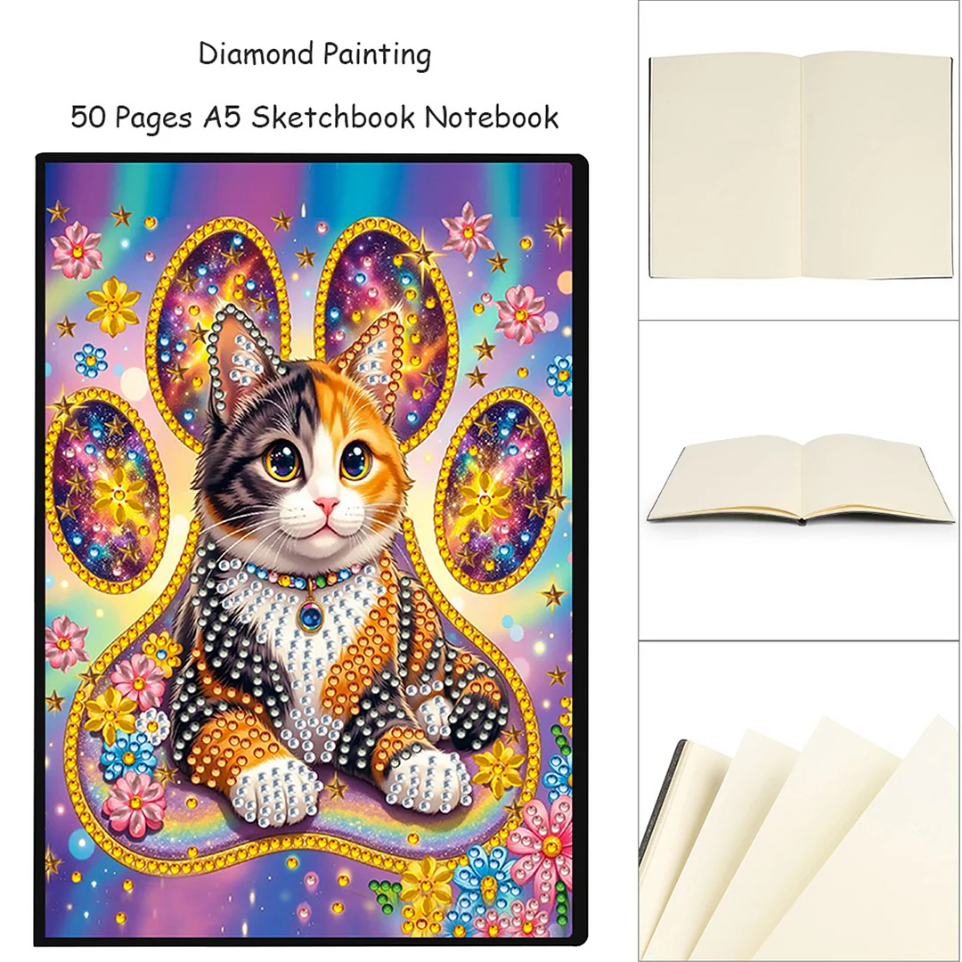 DIY Flower Diamond Painting Journals Notebooks 50 Pages A5 No Lines Special Shaped Diamond Art Kits for Beginners Craft Lovers and Artists (Cat)