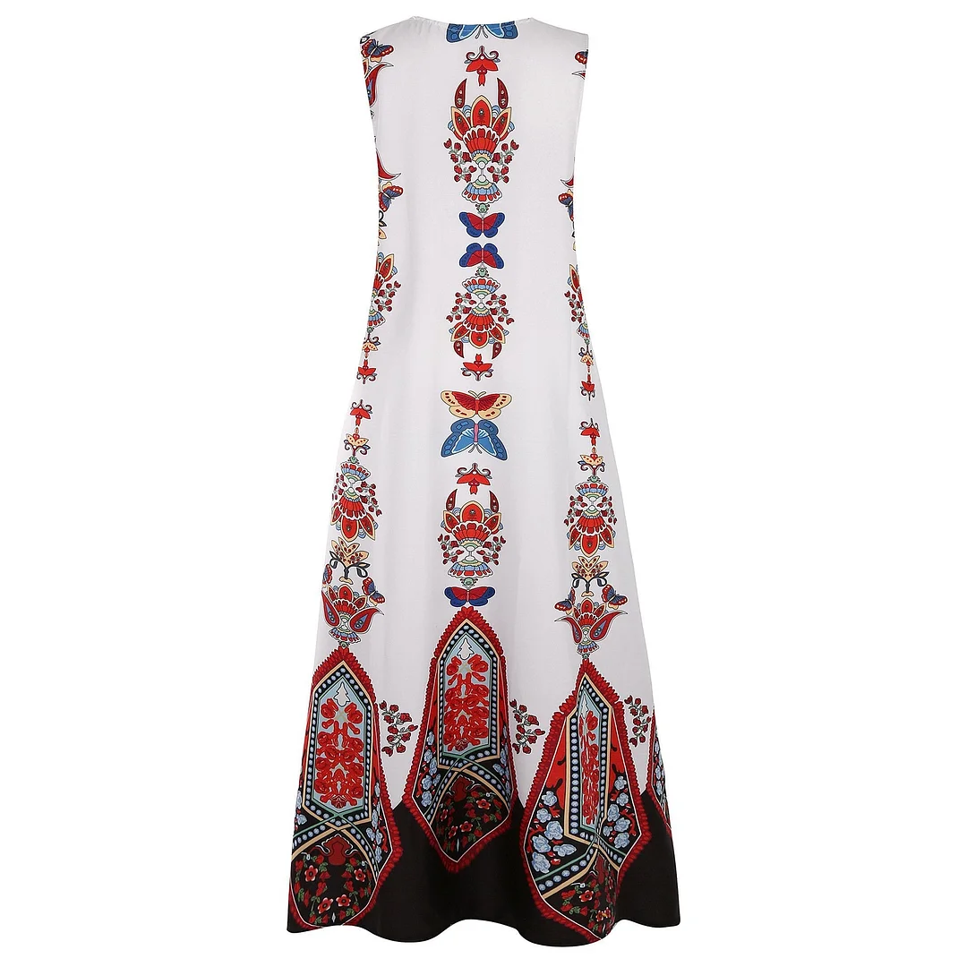 Retro Multicolor Printed Pocket V-neck Sleeveless Dress