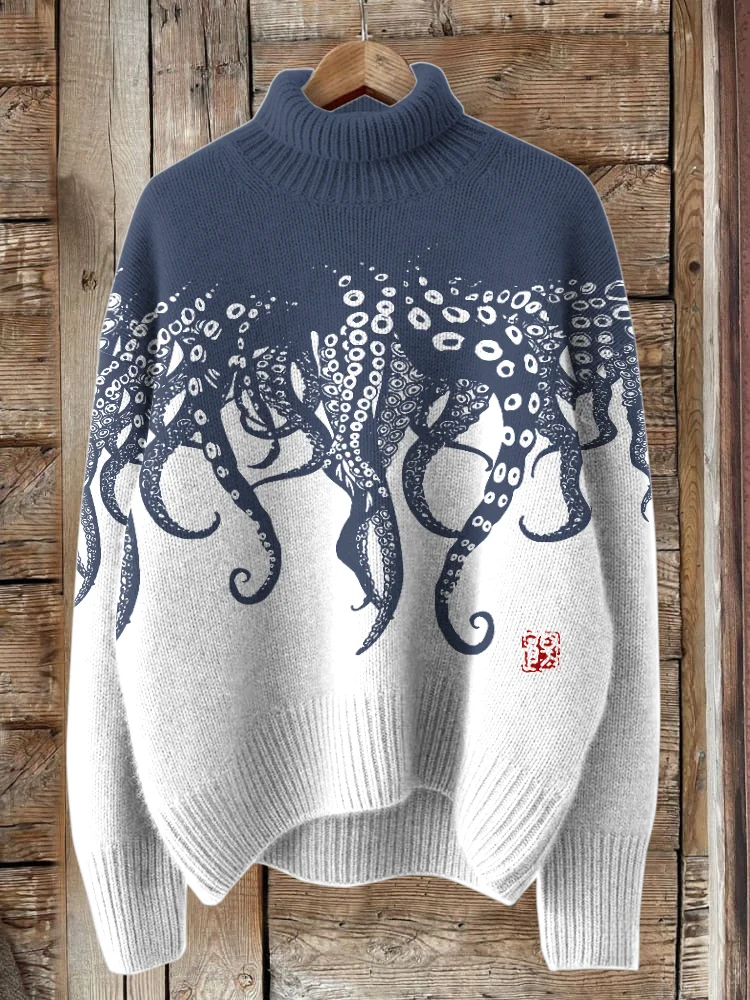 Vintage Japanese Art Octopus Legs Print Turtleneck Knitted Cozy Pullover Sweater