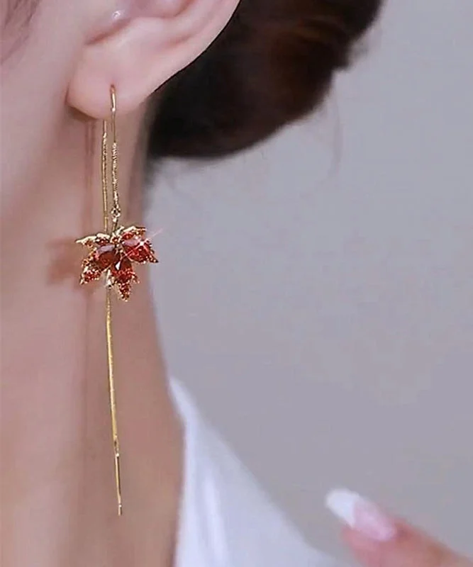 Skinny Red Sterling Silver Overgild Crystal Maple Leaf Tassel Drop Earrings