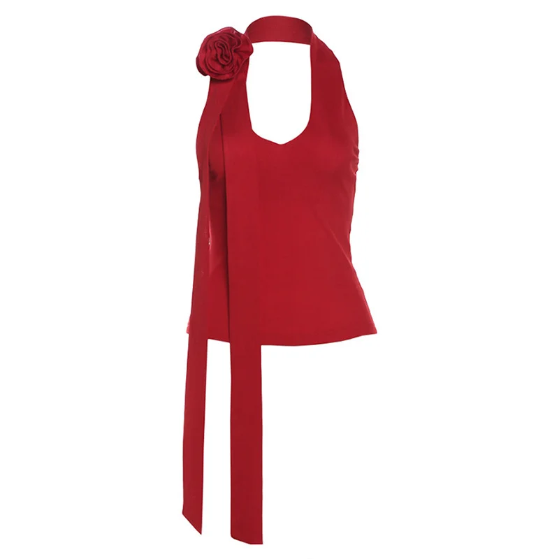 Ueong Ueong Summer Women's Solid Color Hanging Neck Stereo Flower Vest High Waist Loose Straight Trousers