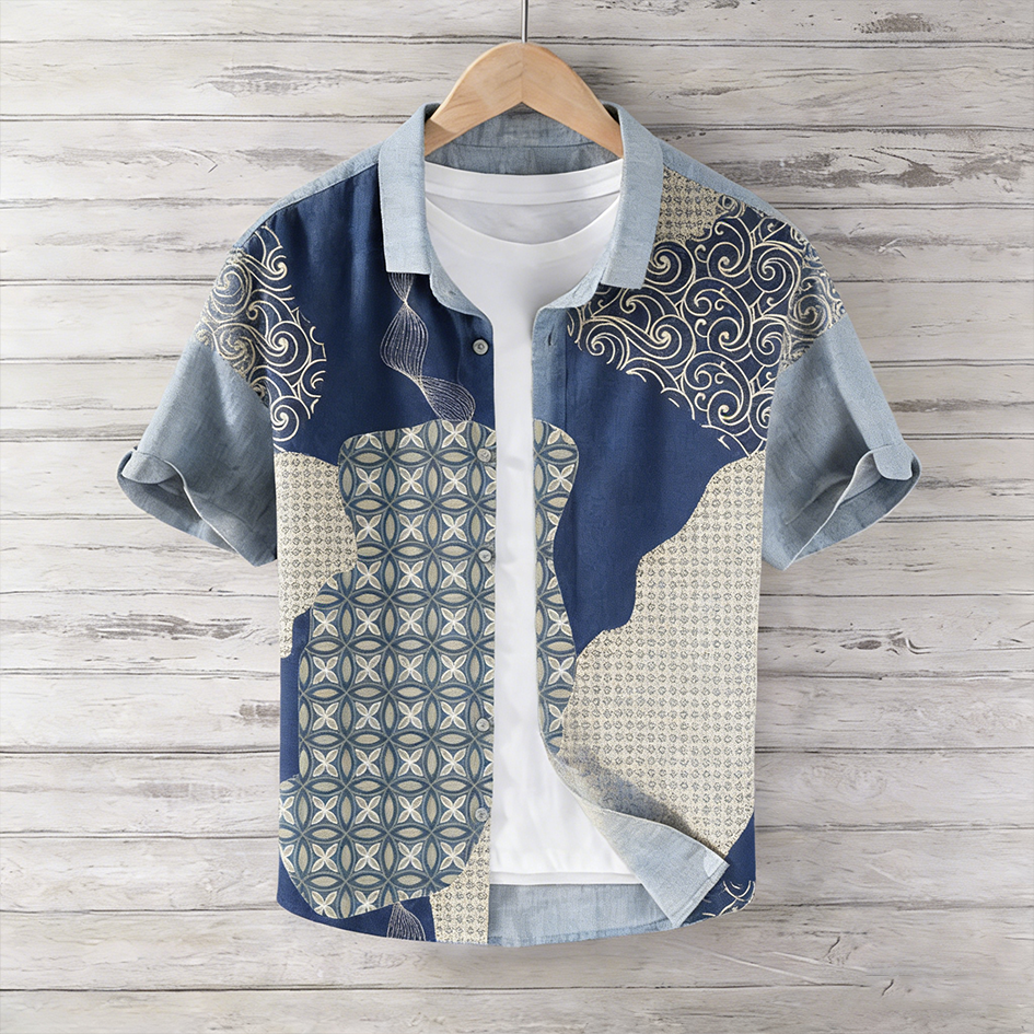 Japanese Art Retro Geometric Patch Cotton And Linen Shirt  artssus