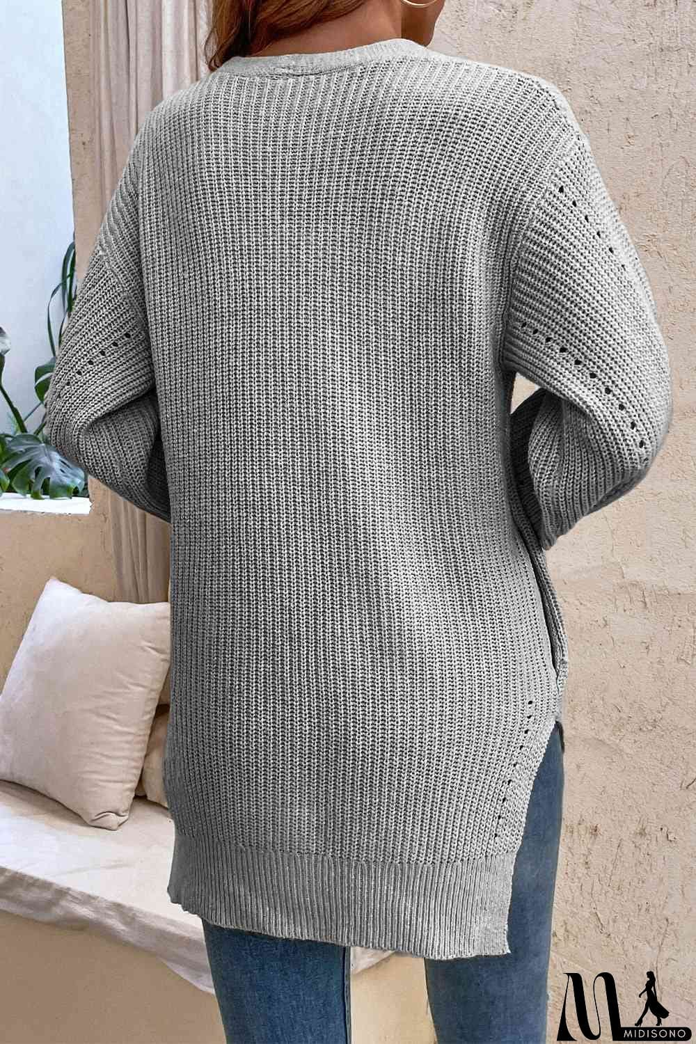 MidiSono - V-Neck Openwork Long Sleeve Cardigan