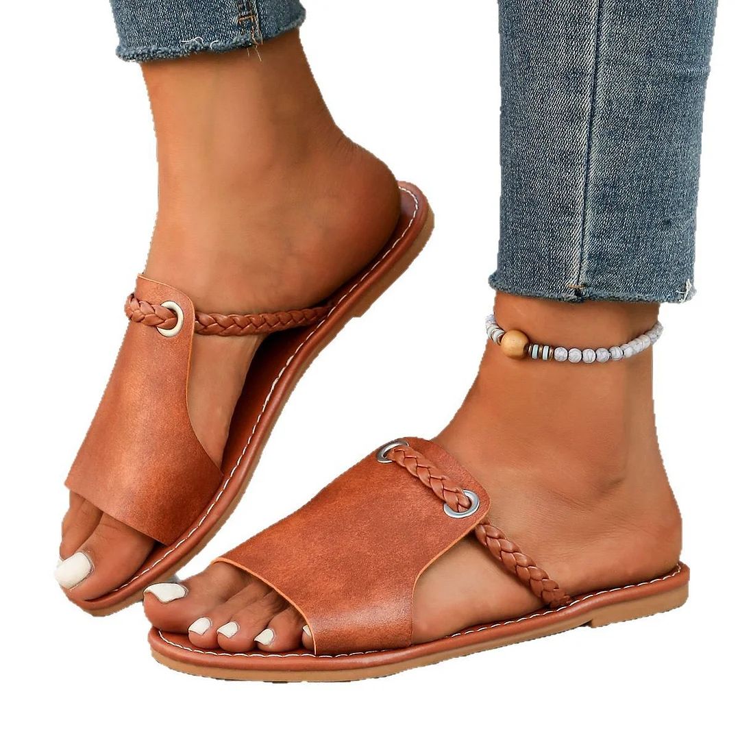 Yyvonne Braided With Fish Mouth Slippers Women Solid Color Wearing A Word Beach Cold Slippers